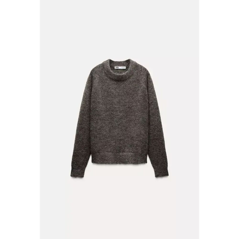 Heather Brown Gray Round Neck Alpaca Wool Blend Long Sleeve Pullover Sweater